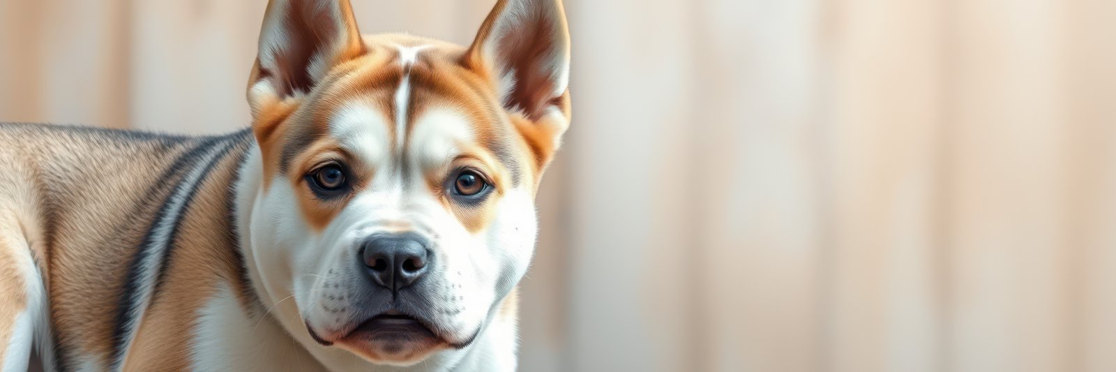 Playful dog with distinct markings looking curiously at the camera in a soft natural light setting indoors